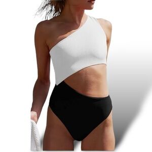One Piece One Shoulder Cut Out Ribbed Midriff Cut-Out Swimsuit Black/Whi…